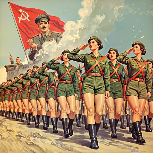 Prompt: Communist Propaganda Art, Posters to make the dictator's power known, A large number of young female soldiers marching with a salute to the male dictator, Thigh-exposing shorts, Armed with assult rifle, long boots, belts, beret, 