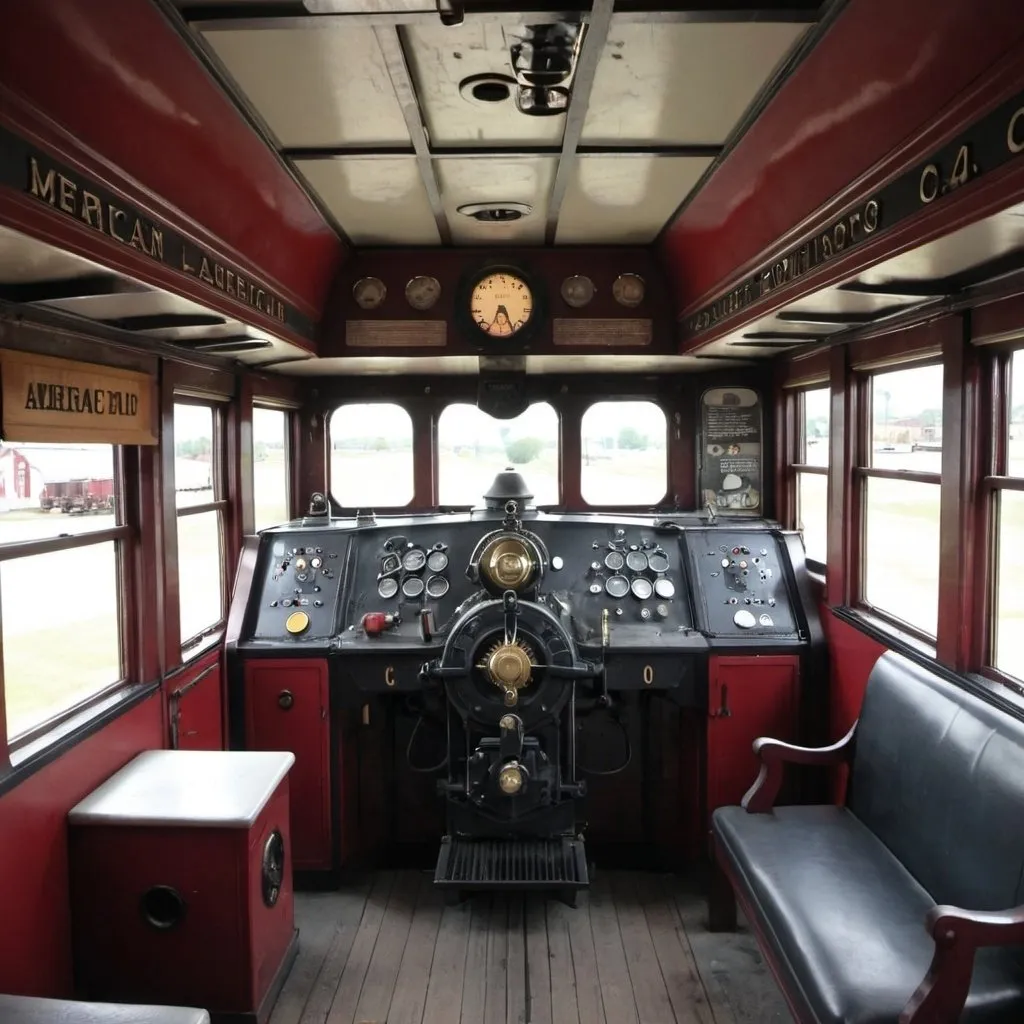 Prompt: view inside  American Locomotive Company  Big Boy steam locomotive  cab  with controls and coal door etc.


