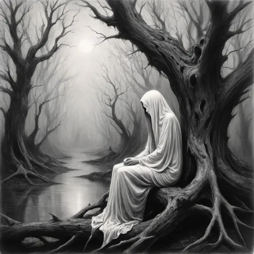 Prompt: (black and white drawing), "Say it once again with feeling," hauntingly resonates through the air, my beloved ghost and me (dying) sitting on a gnarled tree branch, surrounded by a mystical forest, shrouded in shadows, ominous atmosphere, intricate pencil art, depth in textures, dark undertones, ethereal expressions, melancholic vibe, sorrowful yet beautiful, capturing a moment of connection in the afterlife.