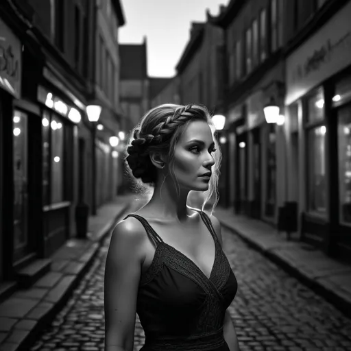 Prompt: black and white, (mymodel) 50-year-old face, (intricate braided hair), plump body, somber expression, walking down an empty street with empty shops, (high contrast), night setting, illuminated by a (mystical) moonlit sky, (soft shadows), (hauntingly beautiful ambiance), atmospheric details, cobblestone ground, shadowy buildings, ethereal glow, captivating scene, (4K), ultra-detailed.