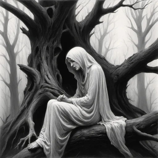 Prompt: (black and white drawing), "Say it once again with feeling," hauntingly resonates through the air, my beloved ghost and me (dying) sitting on a gnarled tree branch, surrounded by a mystical forest, shrouded in shadows, ominous atmosphere, intricate pencil art, depth in textures, dark undertones, ethereal expressions, melancholic vibe, sorrowful yet beautiful, capturing a moment of connection in the afterlife.