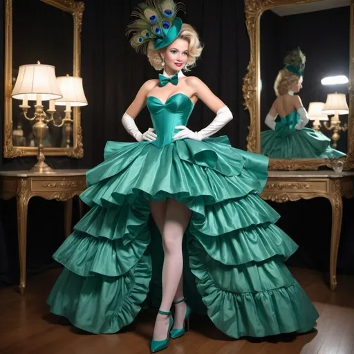Prompt: Full length head to toes image of hair-tied-back bio-female blonde model, helpful slight smile wearing silk shiny mirror all silk taffeta emerald, cerulean and white high-low poof ball gown costume with matching gloves, wide ruffled choker, cleavage, sweetheart chest, sculpted waist, boned bodice, matching ruffles at hem and large 12-inch wide neck bowtie. hat with peacock feathers, Entire dress and model in image, luxury furnishings setting, high front skirt, low back skirt, extra wide skirt, stockings, shoes or boots