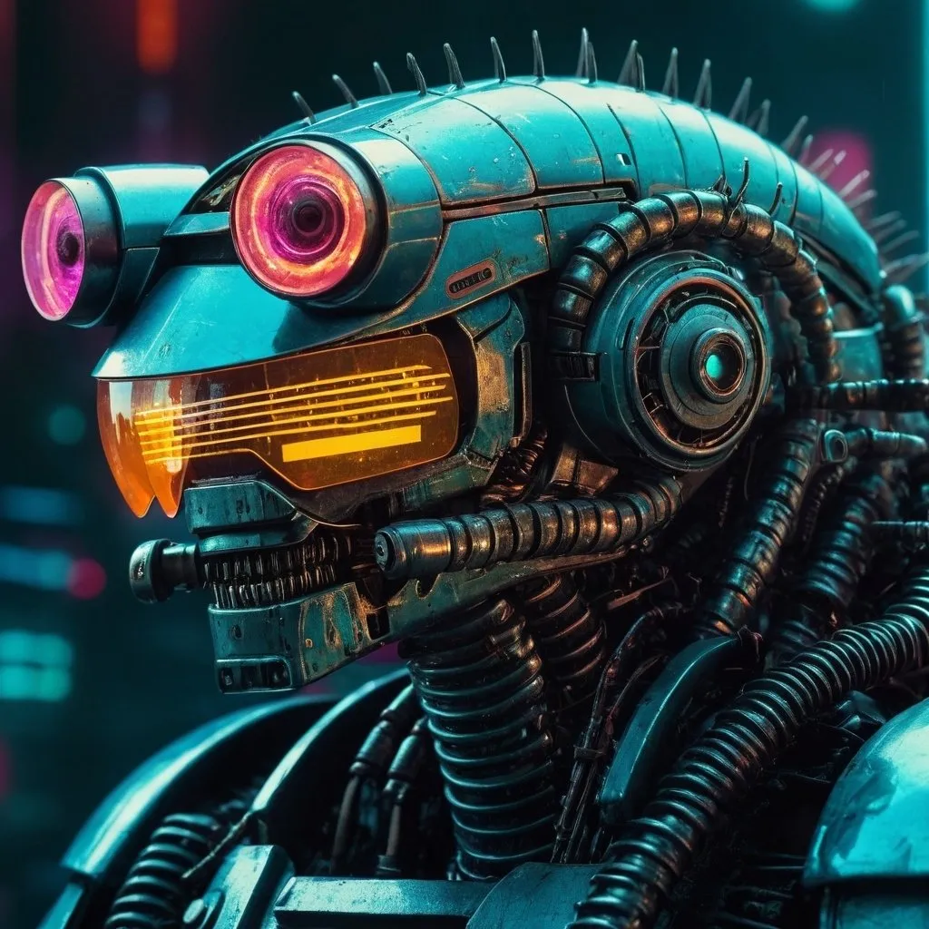 Prompt: a 3/4 close up of a robotic centipede, wearing futuristic visors and a shotgun, bladerunner background, shiny cyberpunk colors, retrofuturism, 1970s sci-fi, character