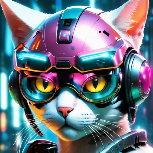 Prompt: a close up of a robotic cat wearing futuristic visors, bladerunner background, shiny cyberpunk colors, retrofuturism, 2000s sci-fi, game cover art, character