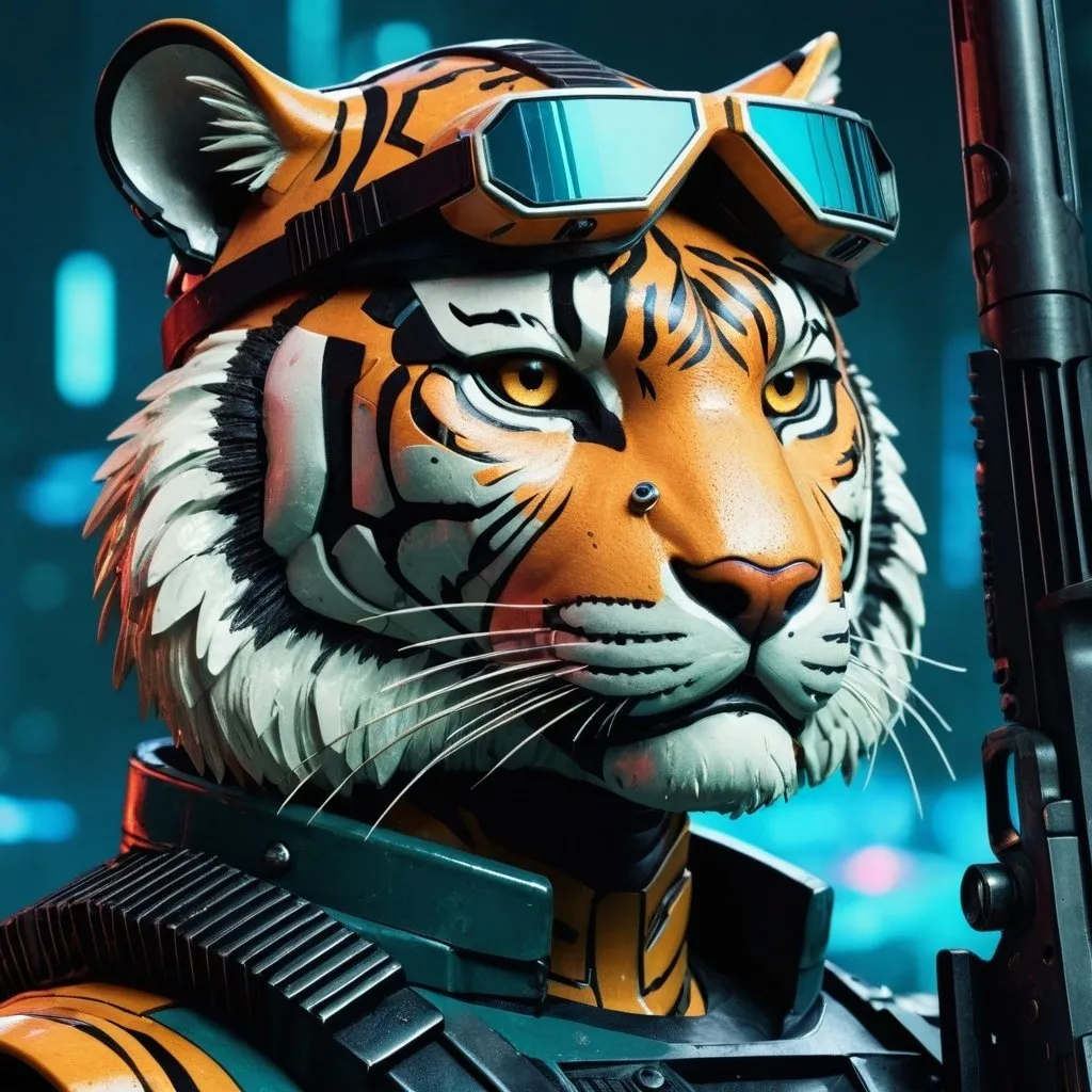 Prompt: a 3/4 close up of a robotic tiger, wearing futuristic visors and a shotgun, bladerunner background, shiny cyberpunk colors, retrofuturism, 1970s sci-fi, character