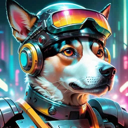 Prompt: a close up of a robotic dog, wearing futuristic visors, bladerunner background, shiny cyberpunk colors, retrofuturism, 2000s sci-fi, game cover art, character