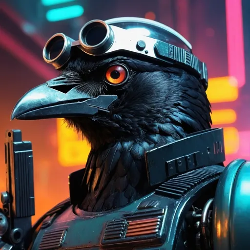 Prompt: a 3/4 close up of a robotic crow, wearing futuristic visors and a shotgun, bladerunner background, shiny cyberpunk colors, retrofuturism, 1970s sci-fi, character