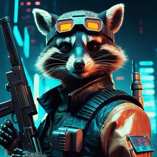 Prompt: a 3/4 close up of a robotic raccon, wearing futuristic visors and a shotgun, bladerunner background, shiny cyberpunk colors, retrofuturism, 1970s sci-fi, character