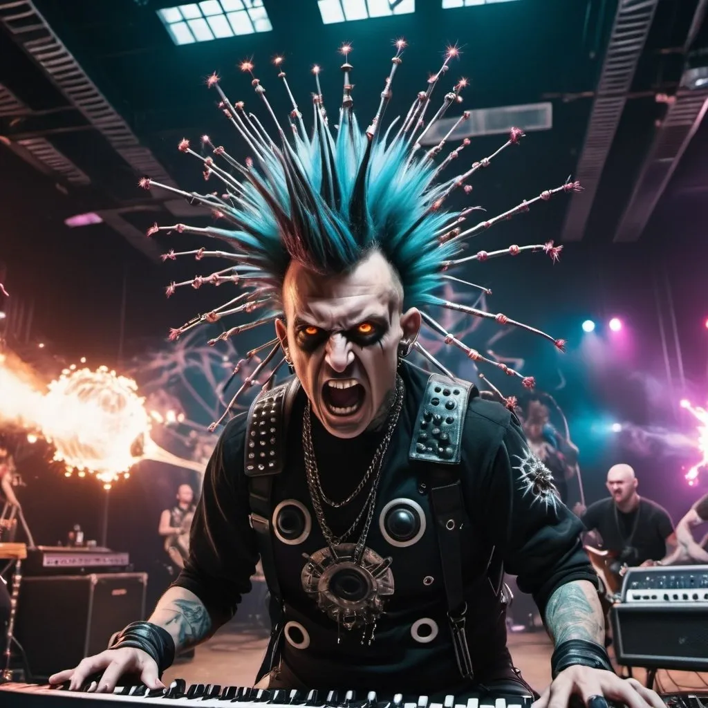 Prompt: very ugly cyber-punk band with mohawk and spikes playing playing concert, swirling eyeballs, extreme details, realistic, psychedelic, trippy explosions, cyber-punk crown, huge amps in background