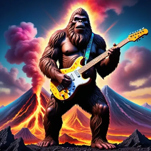 Prompt: Bigfoot with psychedelic-fur playing electric-guitar on a volcano, hyper realistic. Highly-detailed, trippy-sky, colorful-lighning,