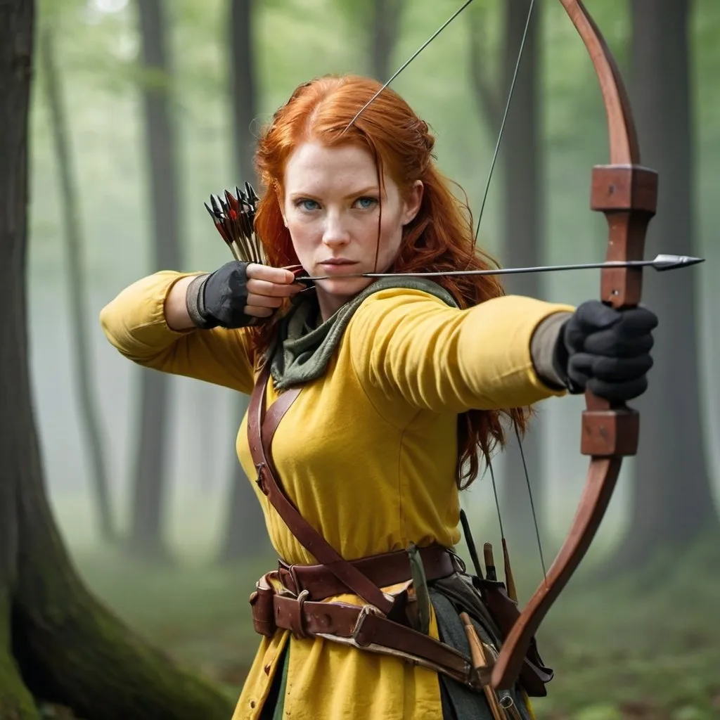 Prompt: The head and shoulders of a female red-haired Sherwood forest fighter. She is aiming a crossbow horizontally and the arrow is drawn back to full length. She is wearing yellow gloves, a yellow v-neck tunic with dark sleeves, and a red belt. 