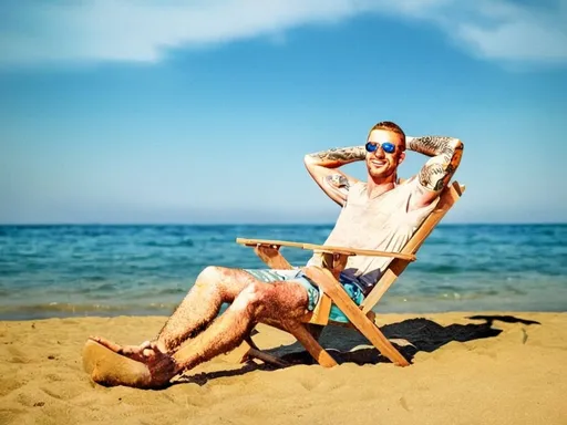 Prompt: Detailed digital illustration of a man lounging in a beach chair with a copied face from a specific reference, realistic digital rendering, sandy beach setting, vibrant sunset lighting, high quality, realistic, detailed facial features, serene atmosphere