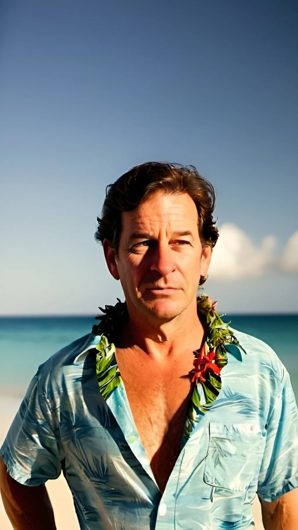 Prompt: Man in a Hawaiian open collar shirt, on a beautiful desert island white sand deep blue sea beach, soft lighting with warm light filling the scene, talking headshot