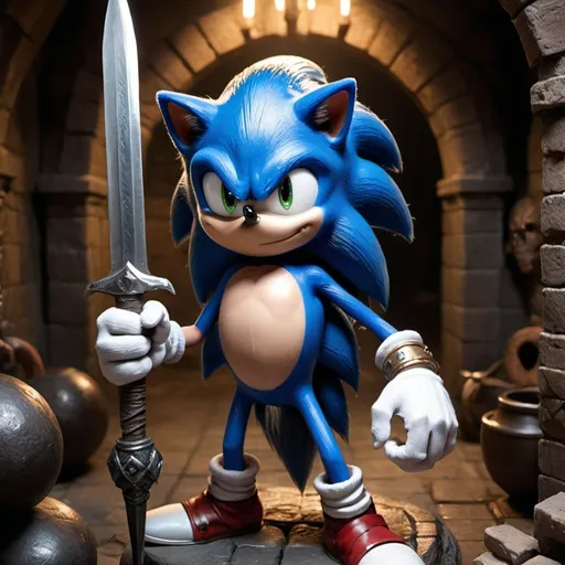 Prompt: hyper-realistic sonic the hedgehog with a barbarian body in a dungeon from D&D.