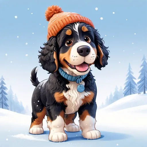 Prompt: Disney-style illustration of a cute Disney-style illustration of a cute bernedoodle standing in snow wearing a toque.