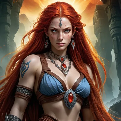 Prompt: Spellforce poster of a Rune Slave human female, vibrant colors, high fantasy, detailed facial features, long flowing red hair, soul Rune necklace, dramatic lighting, mystical atmosphere, intricate clothing, fantasy, highres, vibrant colors, detailed hair, dramatic lighting, mystical, intricate designs, high fantasy, detailed facial features, large curves