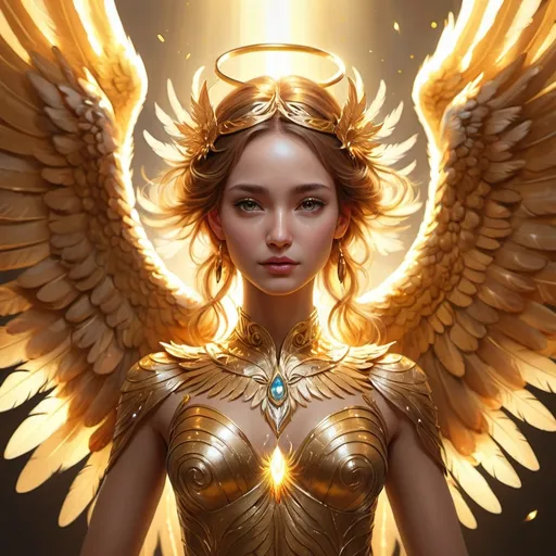 Prompt: Gold female phoenix with human face and angel wings, shiny, glittering, majestic, high quality, oil painting, detailed feathers, ethereal lighting, fantasy, mythical, regal, shimmering, professional, warm tones, dramatic lighting, 4k, ultra-detailed, phoenix, human-like face, angelic wings, majestic, golden, mythical creature, oil painting, fantasy art, detailed feathers, shimmering, regal, ethereal lighting