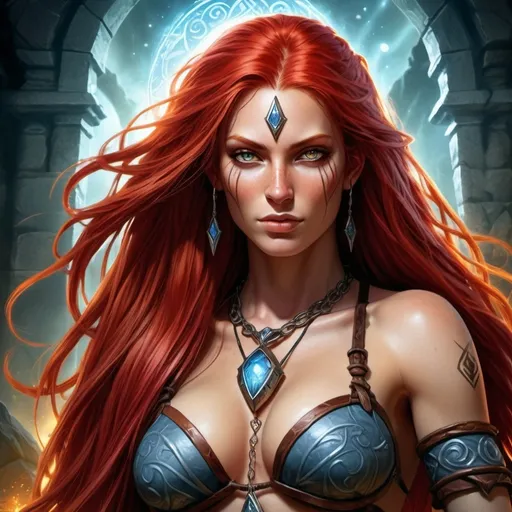 Prompt: Spellforce poster of a Rune Slave human female with long red hair, curvaceous figure, soul Rune necklace, fantasy art, high fantasy, detailed facial features, vibrant colors, mystical lighting, magical runes, epic quality, detailed artwork, fantasy style, vibrant colors, mystical lighting, detailed hair, intricate details, professional, atmospheric lighting