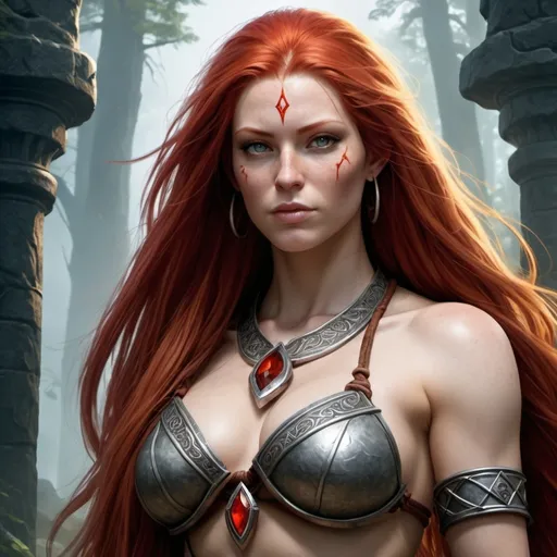 Prompt: create a spellforce poster create a Rune Slave human female with long red hair, big curves with a soul Rune as a necklace 