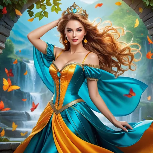 Prompt: High-resolution, ultra-detailed, modern fairytale maiden, vibrant colors, dynamic pose, detailed clothing design, powerful and confident expression, art print quality, dynamic posing, fairytale backdrop, sticker