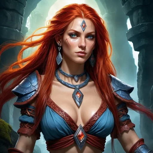 Prompt: Spellforce poster of a Rune Slave human female, vibrant colors, high fantasy, detailed facial features, long flowing red hair, soul Rune necklace, dramatic lighting, mystical atmosphere, intricate clothing, fantasy, highres, vibrant colors, detailed hair, dramatic lighting, mystical, intricate designs, high fantasy, detailed facial features, large curves