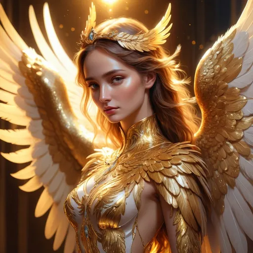 Prompt: Gold female phoenix with human face and angel wings, shiny, glittering, majestic, high quality, oil painting, detailed feathers, ethereal lighting, fantasy, mythical, regal, shimmering, professional, warm tones, dramatic lighting, 4k, ultra-detailed, phoenix, human-like face, angelic wings, majestic, golden, mythical creature, oil painting, fantasy art, detailed feathers, shimmering, regal, ethereal lighting, realistic detailed face