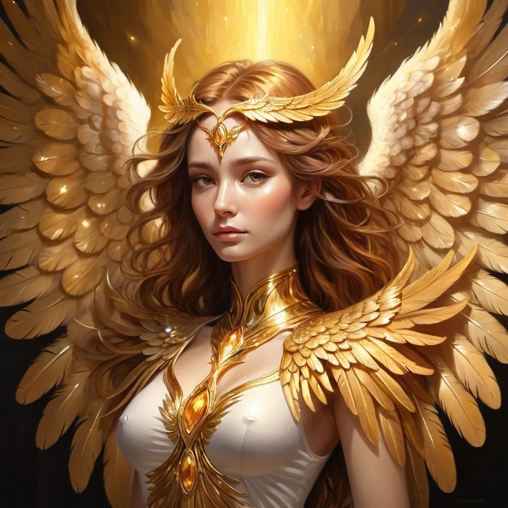 Prompt: Gold female phoenix with human face and angel wings, shiny, glittering, majestic, high quality, oil painting, detailed feathers, ethereal lighting, fantasy, mythical, regal, shimmering, professional, warm tones, dramatic lighting, 4k, ultra-detailed, phoenix, human-like face, angelic wings, majestic, golden, mythical creature, oil painting, fantasy art, detailed feathers, shimmering, regal, ethereal lighting