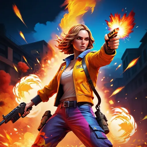 Prompt: Free fire game icon, digital art, fiery and explosive background, fierce and determined character, intense action pose, vibrant colors, high-res, digital painting, dynamic composition, professional artwork, detailed costume, powerful and impactful, action-packed, intense lighting, vibrant and bold tones