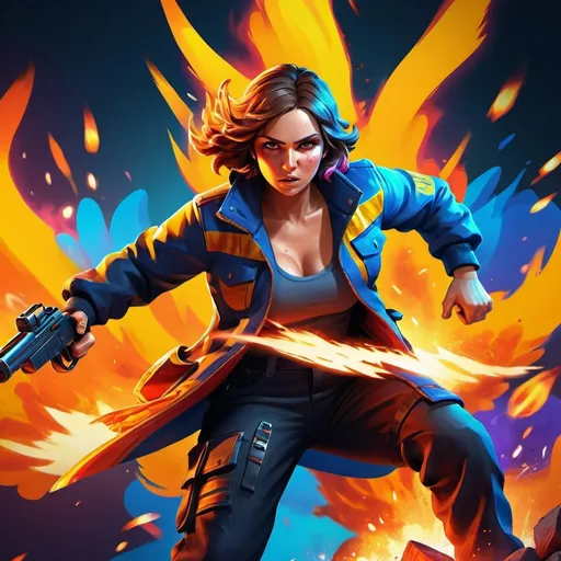 Prompt: Free fire game icon, digital art, fiery and explosive background, fierce and determined character, intense action pose, vibrant colors, high-res, digital painting, dynamic composition, professional artwork, detailed costume, powerful and impactful, action-packed, intense lighting, vibrant and bold tones