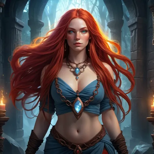 Prompt: Rune Slave human female with long red hair, big curves, soul Rune necklace, high fantasy rendering, fantasy poster, detailed features, magical glow, vibrant colors, professional quality, highres, fantasy, detailed hair, dramatic lighting, enchanting atmosphere, mystical vibes, vibrant colors, fantasy art, ethereal beauty