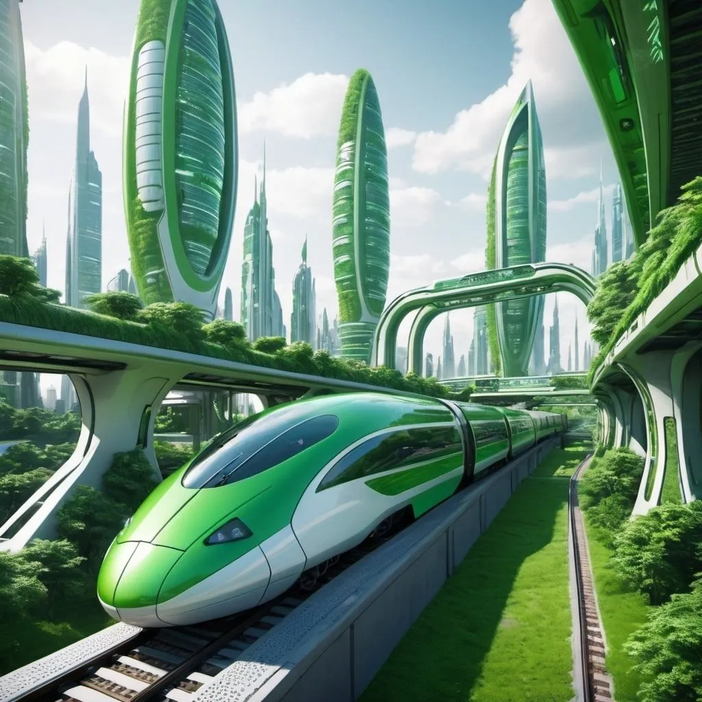 Prompt: Futuristic green city with a cool train