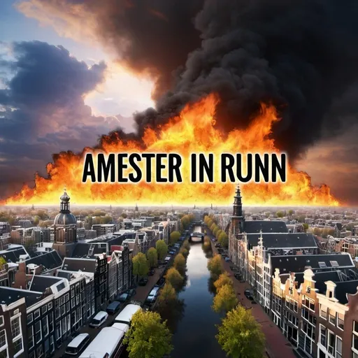 Prompt: Amsterdam in ruins with the end written in big fire in the sky