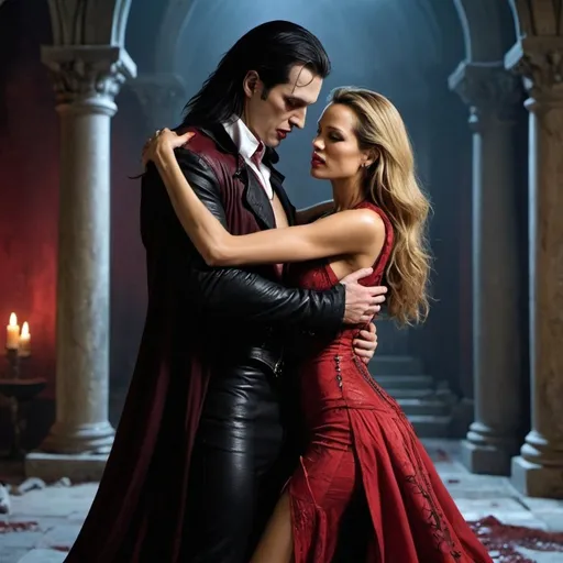 Prompt: Petra Nemcova ,dark hair, queen of blood,in more ripped red dress, hugging   a vampire,fantasy  kingdom scene, full  body shot
