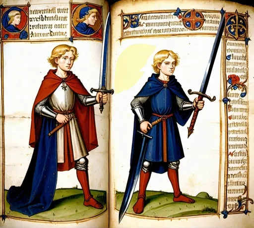 Prompt: A mediaeval manuscripts featuring two young brothers, both with normal blonde hair, each with a sword. The boys are travelling 