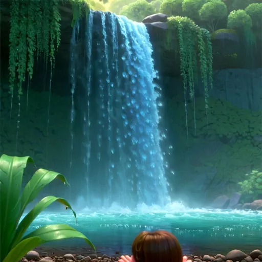 Prompt: A drop of water falls happily from the top of a waterfall and below there is a spring where drops are waiting for her that are waiting for her with open hands in the background of a jungle