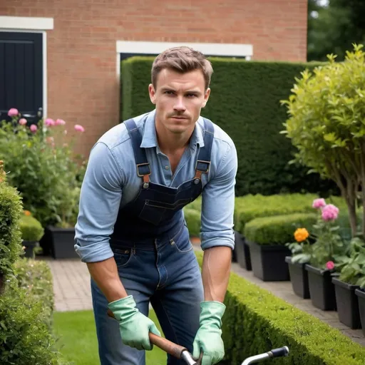 Prompt: "A photo of a young, not handsome
 muscular man with a rugged appearance, working in a well-maintained Dutch garden. He is wearing a casual t-shirt and jeans, with garden gloves and boots. The garden is filled with colorful flowers, neatly trimmed hedges, and traditional Dutch elements like a wooden fence and a bicycle leaning against it. The man is holding garden tools, perhaps a spade or pruning shears, and looks focused and determined. The sky is clear, and the sunlight casts a warm glow over the scene."

