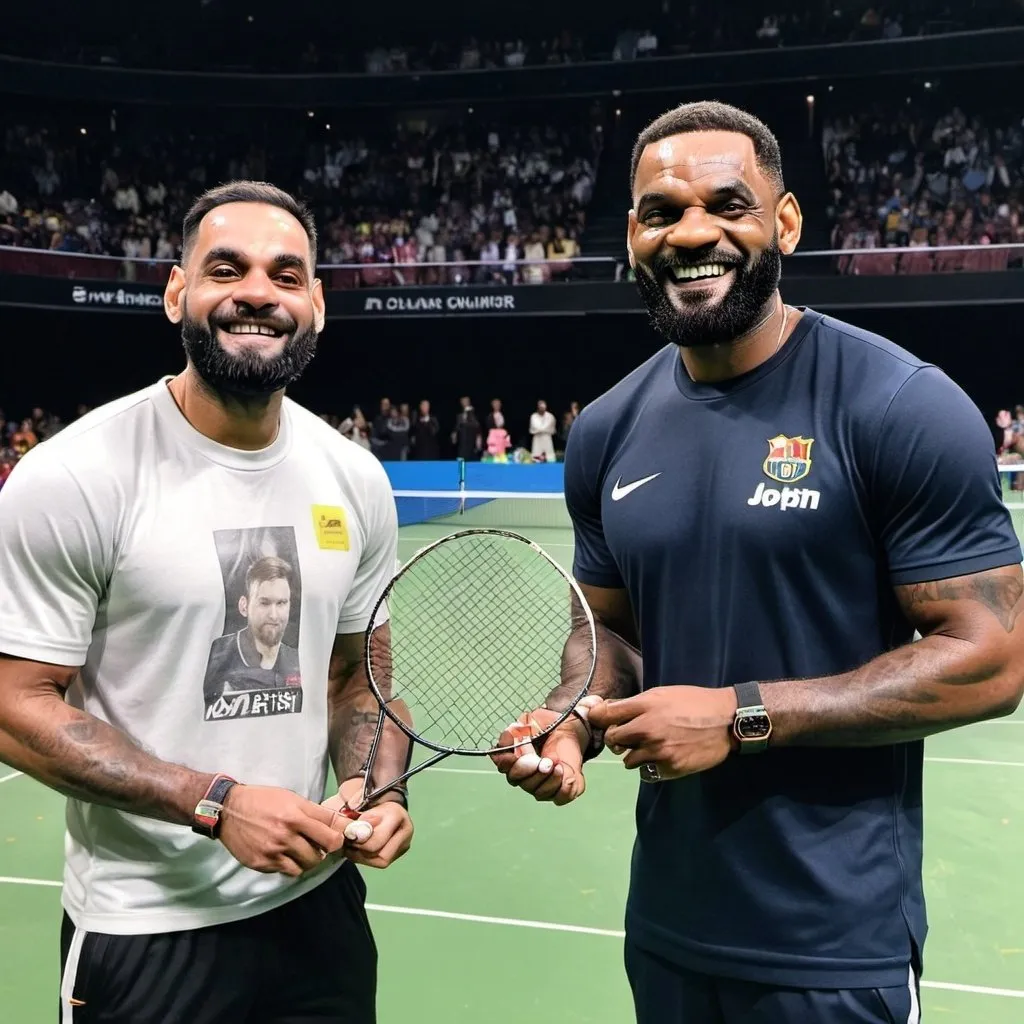 Prompt: lebron james and virat kohli playing badminton againt lionel messi and will smith