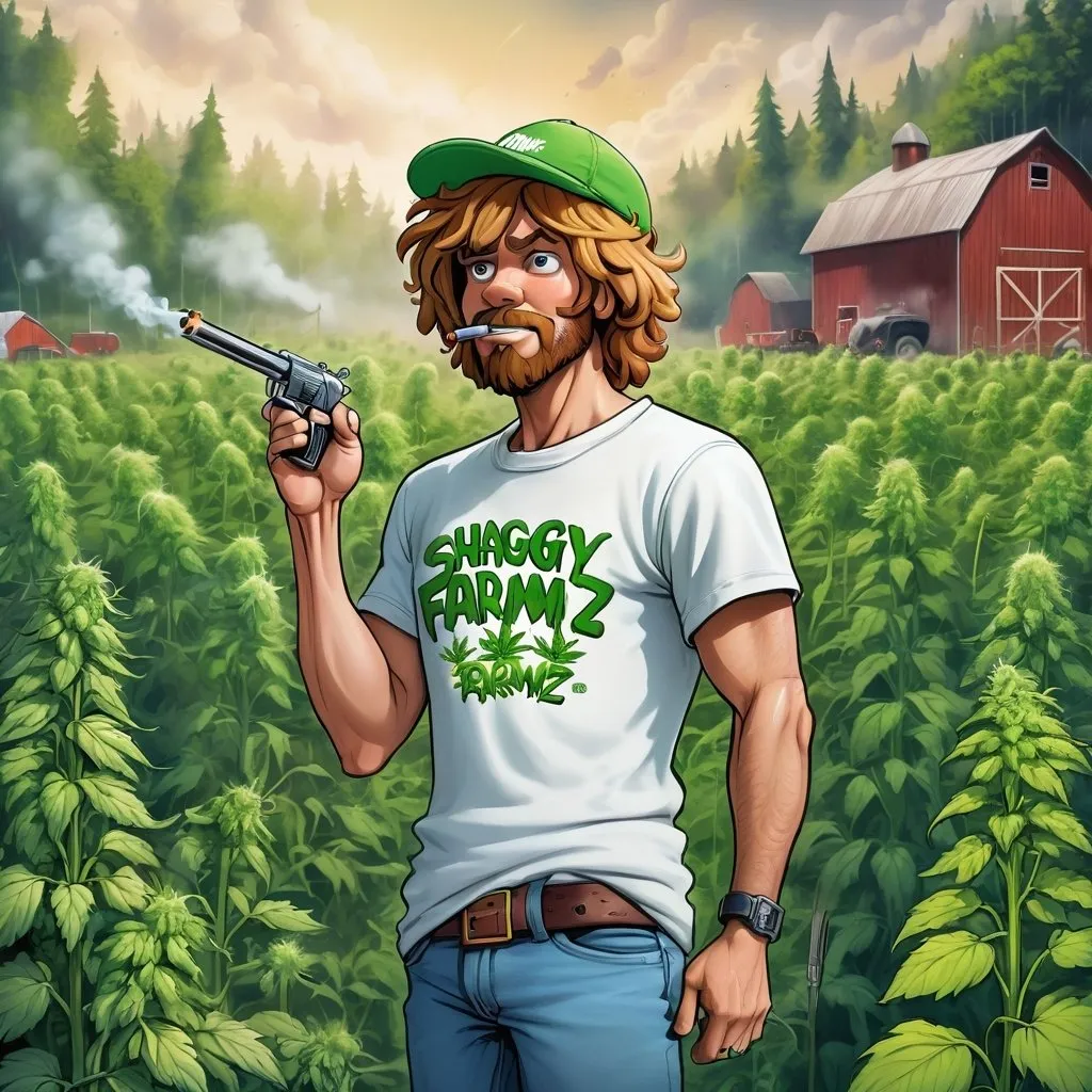 Prompt: Create a detailed image of shaggy standing by himself in a weed farm smoking and maybe with a gun and with text stating “SHAGGY_FARMZ” above looking almost like a logo they should be cool looking 