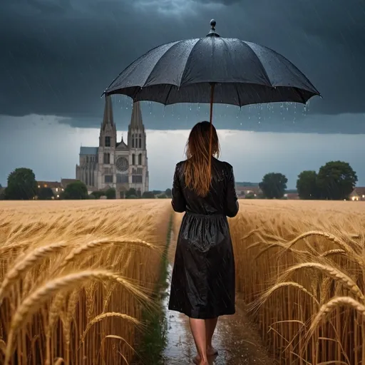 Prompt: Woman standing under umbrella in wheat field, pouring rain, Chartres cathedral on horizon, dark night, atmospheric lighting, highres, detailed raindrops, medieval architecture, dramatic sky, realistic, emotional, intense mood, night scene, wheat field, pouring rain, Chartres cathedral, atmospheric lighting