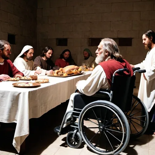 Prompt: man in wheelchair for the last supper with Jesus Christ
