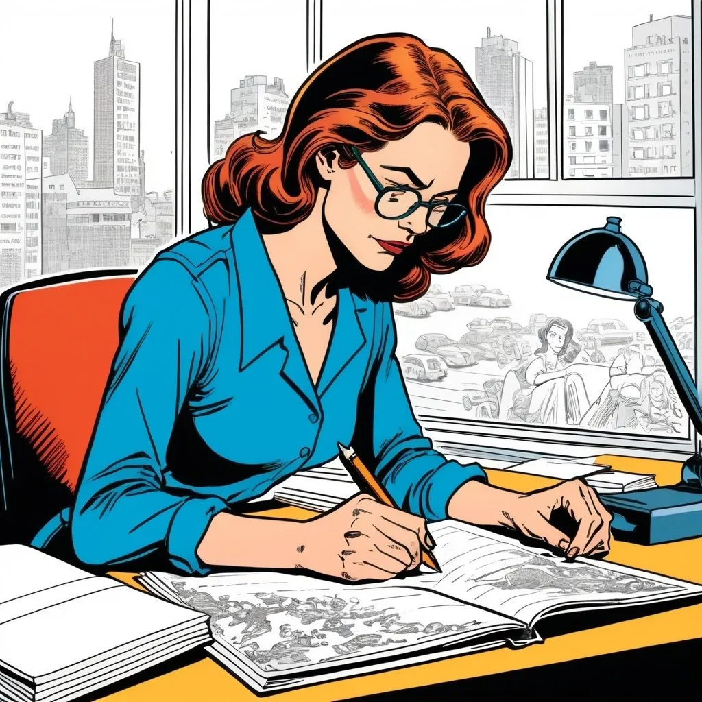 Prompt: woman writing a book at a desk, 2d comic book panel, in the style of Jean-Michel Folon