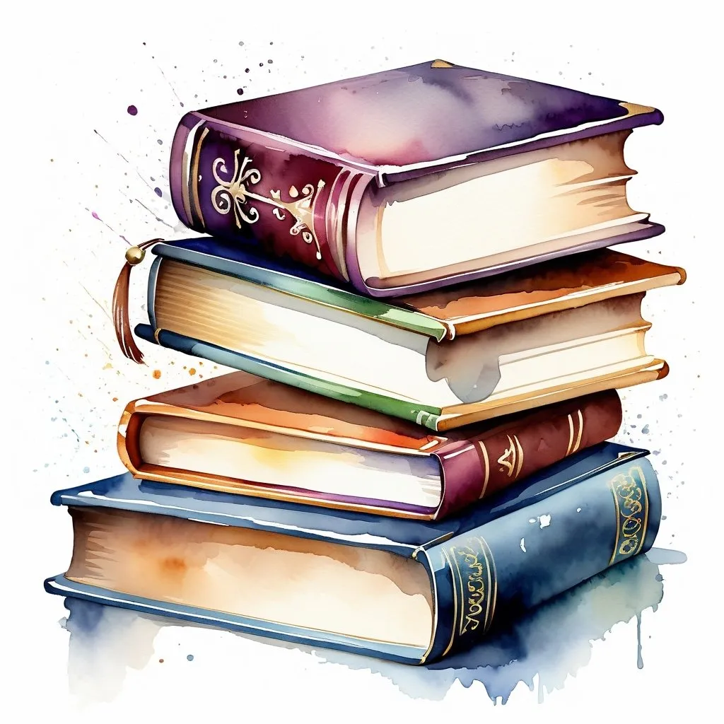 Prompt: digital watercolor painting, a stack of three books in front of a pure white background without any ornamentation or other stylistic flourished