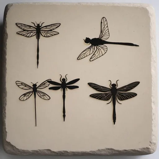 Prompt: 4 silhouettes, all consistent in design with each other, for a dragonfly, a swallow, a bee and a butterfly. They will need to be carved in to stone. 