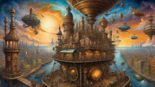 Prompt: 32k resolution, intricately detailed, panoramic illustration of a stunning steampunk city with towering skyscrapers and intricate clockwork mechanisms, gears and pistons move in a complex symphony, steam billows from chimneys, airships navigate the bustling Skylanes, a vibrant metropolis masterpiece.  neo-impressionism expressionist style oil painting, in the style of Josephine Wall.  