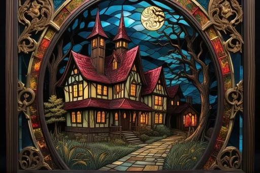 Prompt: intricately detailed, realistic stained-glass scene of a sinister, 3D, Burtonesque village. ominous vibe, deep colors, 3d cell shading, with bright gold filigree accents, sharp focus, ominous masterpiece, Woodblock print on paper
