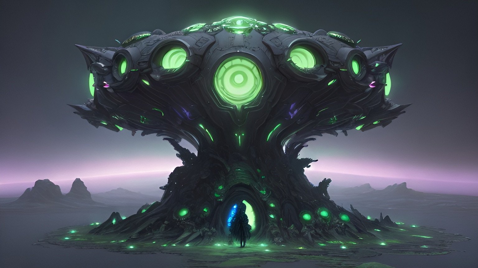 Prompt: 16k resolution, panoramic, intricately detailed DeviantArt illustration of a fantastical dark and sinister alien spaceship hovering above a surreal, abandoned planet with an ominous sky, surrounded by glowing green bioluminescent mist. in the style of Wayne Barlowe. holographic astral cosmic illustration mixed media
