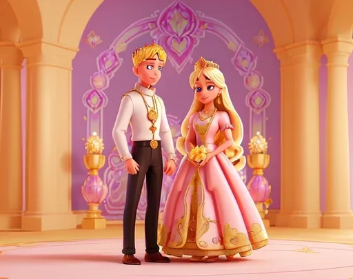 Prompt: Simple portrait of a beautiful blonde princess wearing a fantastical pink gown and crystal encrusted gold crown standing next to a handsome priest in traditional priest attire and white collar.  The couple is surrounded by a floral and gold filigree arch. 32k resolution, intricately detailed digital impasto oil painting in vibrant pastel colors.