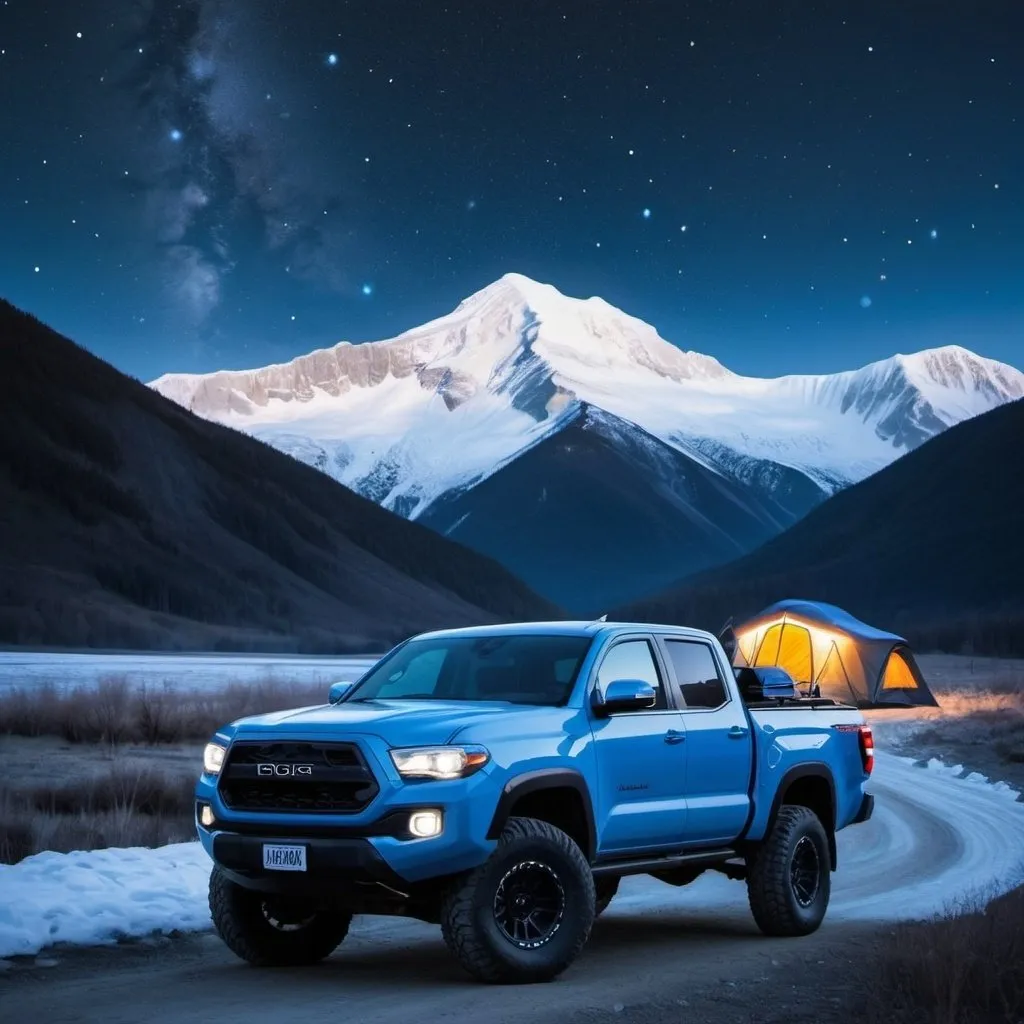 Prompt: A dark and light blue  sky  filled with bright stars  with a sceneary of a icy mountain with blue offroad pick up truck with its lights on
