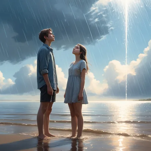 Prompt: A young man and a young woman stand on a shore. They stare upward into a sunny blue sky, rain falls around them. Ethereal, spiritual, high res