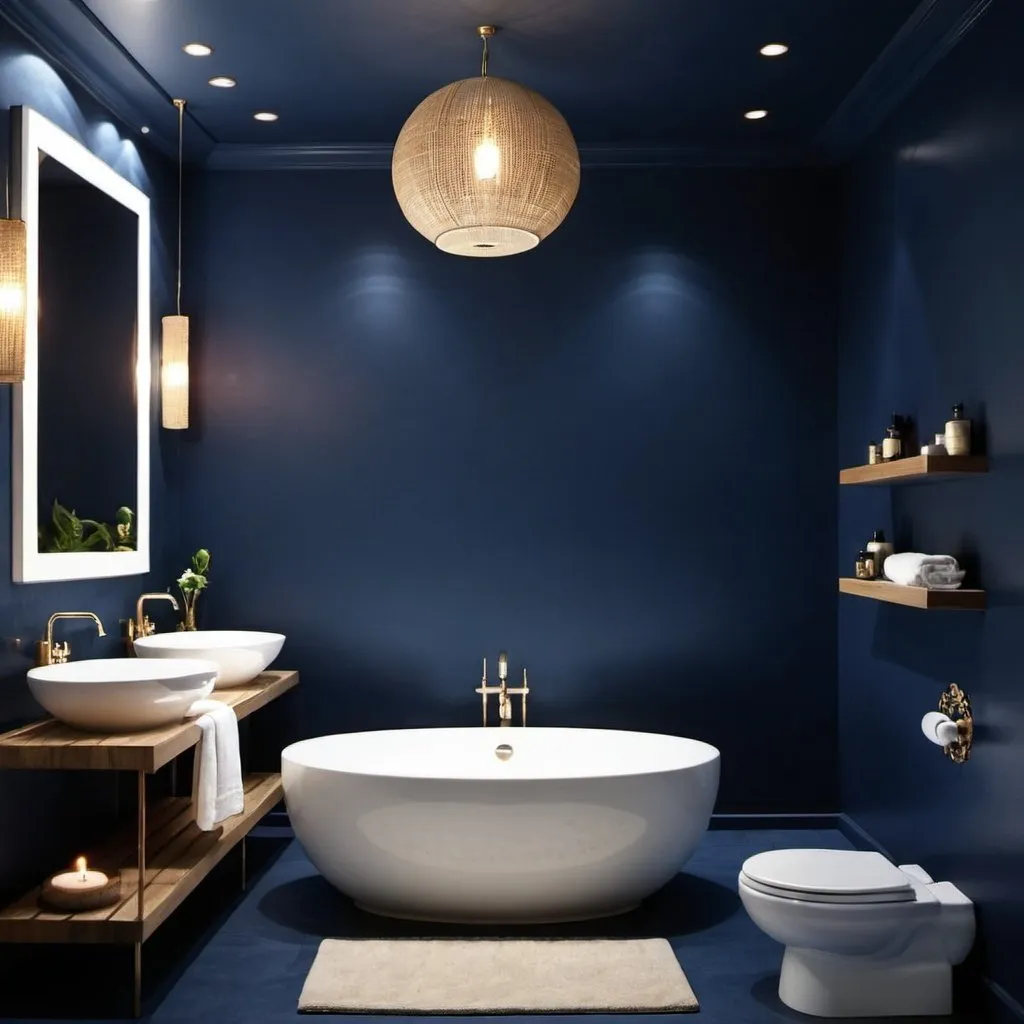 Prompt: Spa bathroom in dark blue